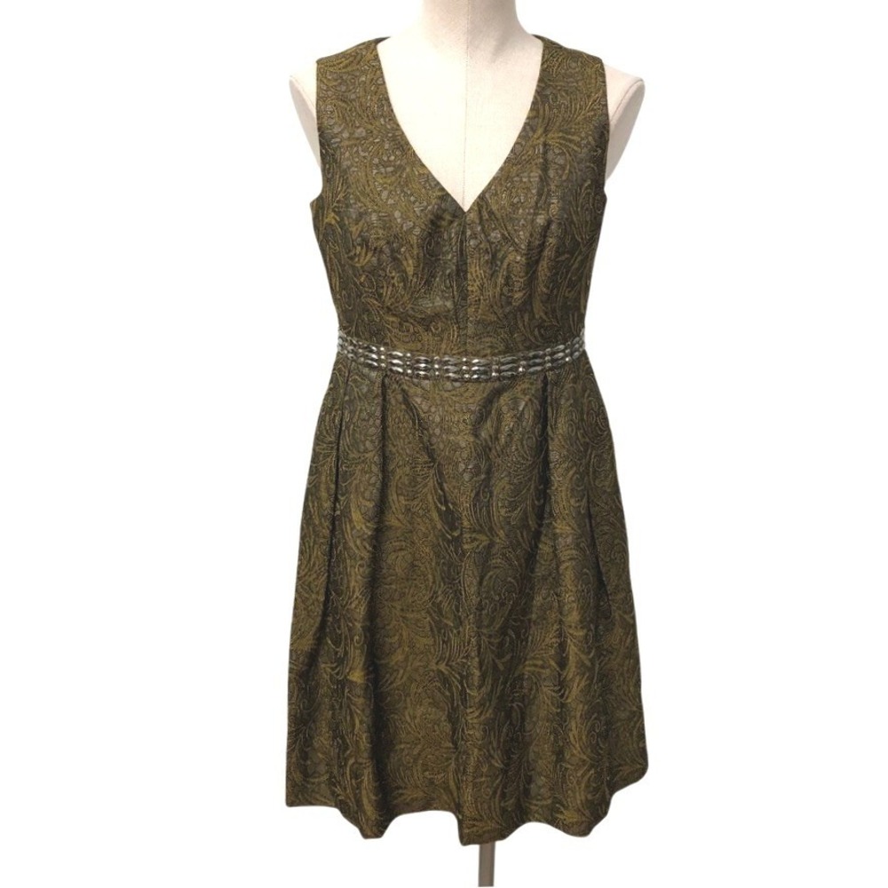 Carmen Marc Valvo Cocktail Dress Women 4 Olive Green Gold Paisley Brocade Beaded